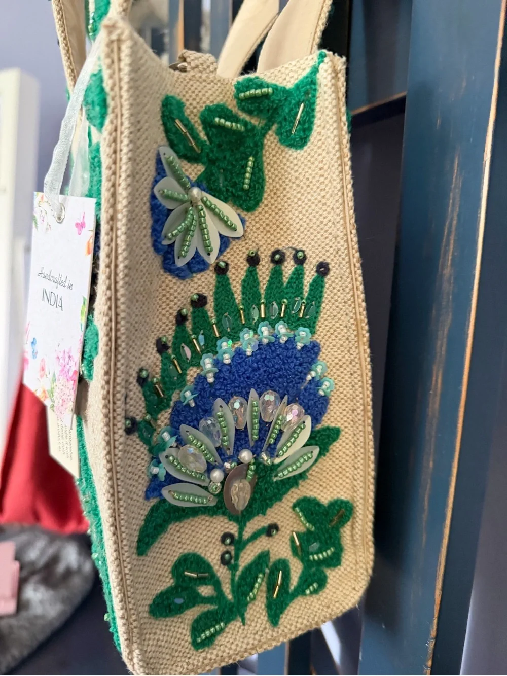 Beaded Bag Floral Embroidered Tote - Green and Blue NWT